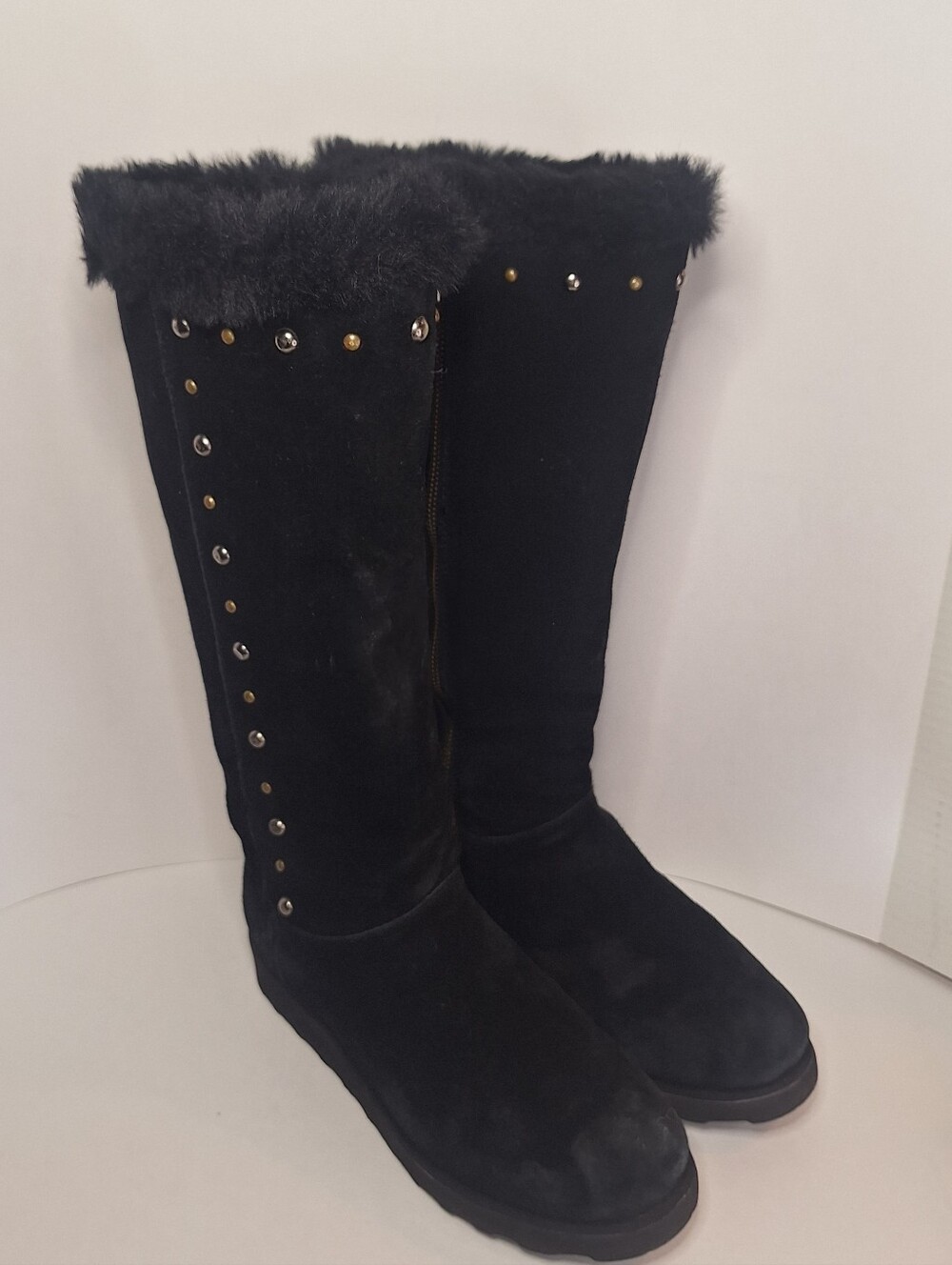 BearPaw Black Tall Faux Fur Winter Boots with Stud Accents Size US 9 Womens - Picture 2 of 9